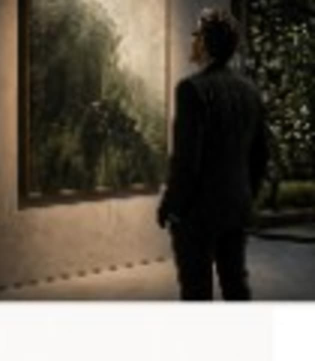 Visitor viewing a large landscape painting in a gallery